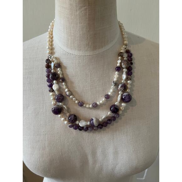 Pearl and Amethyst Stone Three stand Statement necklace sterling 925 - Picture 2 of 5